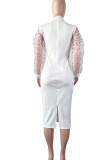 Белые модные повседневные однотонные выдолбленные лоскутные платья с длинными рукавами и бисером