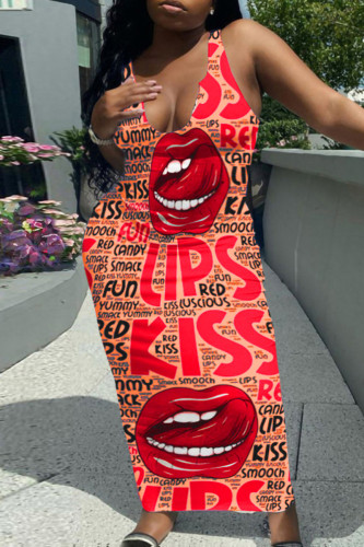 Red Fashion Sexy Plus Size Letter Lips Printed Basic U Neck Vest Dress