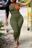 Grüne sexy Patchwork-Höhlung mit einer Schulter, dünne Overalls