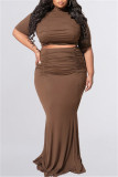 Koffie Mode Casual Solid Fold O Neck Plus Size Two Pieces