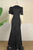Черное модное повседневное твердое лоскутное вечернее платье с разрезом и асимметричным V-образным вырезом