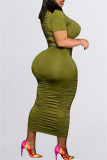 Groene mode casual plus size effen vouw O-hals jurk met korte mouwen