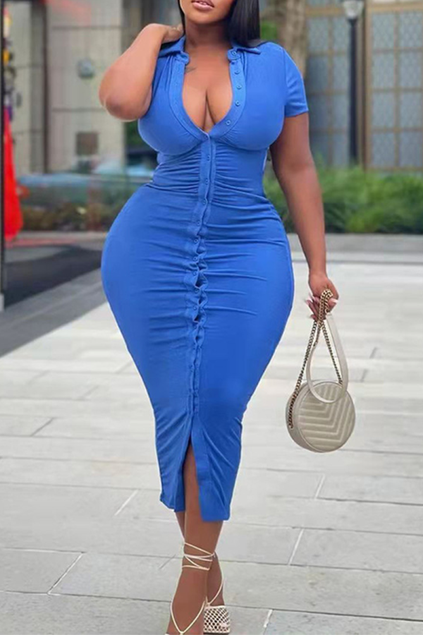 Azul Sexy Sólido Patchwork Turndown Collar Vestido Irregular Plus Size Vestidos