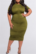 グリーンファッションカジュアルプラスサイズソリッドフォールドOネック半袖ドレス