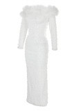 Vestido de noche con hombros descubiertos y plumas de patchwork liso elegante blanco Vestidos