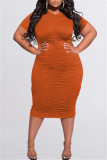 Oranje mode casual plus size effen vouw O-hals jurk met korte mouwen