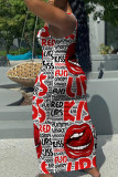 Vestido vermelho fashion sexy plus size carta lábios estampado básico com decote em U