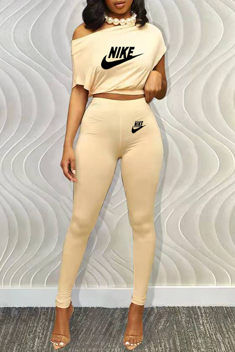 

Beige Fashion Casual Print Letter Oblique Collar Short Sleeve Two Pieces