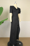 ブラック ファッション カジュアル ソリッド パッチワーク スリット 非対称 V ネック イブニング ドレス