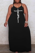Zwarte sexy casual print basic spaghettibandjes lange jurk plus size jurken