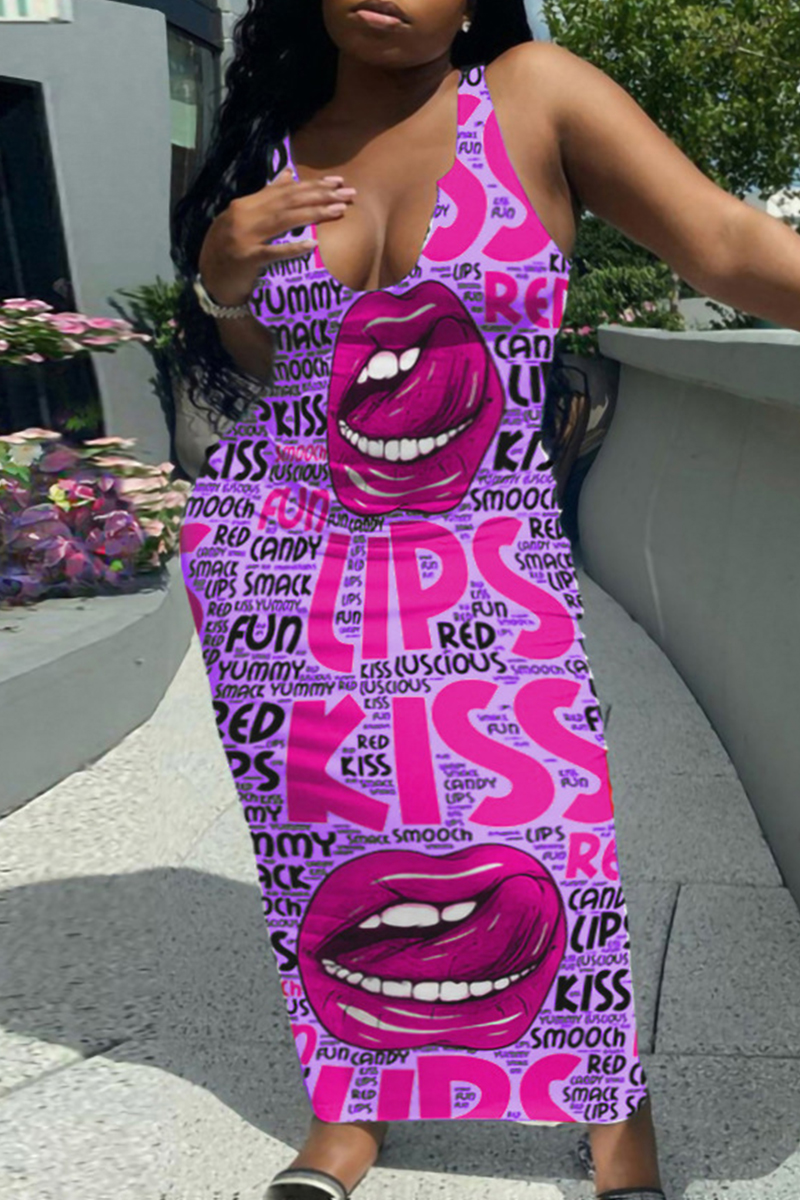 

Purple Fashion Sexy Plus Size Letter Lips Printed Basic U Neck Vest Dress