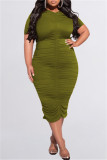 Green Fashion Casual Plus Size Solid Fold O Neck Short Sleeve Dress