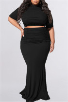 Black Fashion Casual Solid Fold O Neck Plus Size Two Pieces