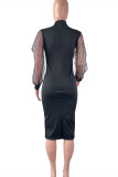 Zwarte mode casual effen uitgeholde patchwork kralen halve coltrui lange mouwen jurken