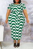 Groene mode casual print met riem O-hals jurk met korte mouwen Grote maten jurken
