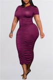 Purple Fashion Casual Plus Size Solid Fold O Neck Short Sleeve Dress