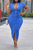 Blue Sexy Solid Patchwork Turndown Collar Irregular Dress Plus Size Dresses