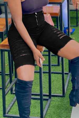 Black Fashion Casual Solid Ripped High Waist Skinny Denim Shorts