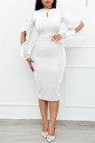 White Fashion Casual Solid Hollowed Out Patchwork Beading Half A Turtleneck Long Sleeve Dresses