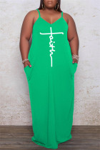 Groene sexy casual print basic spaghettibandjes lange jurk plus size jurken
