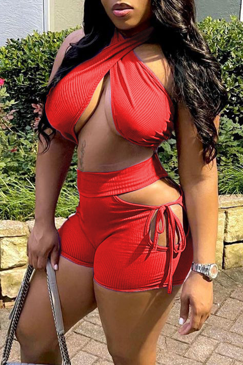 

Red Fashion Sexy Solid Bandage Hollowed Out Backless Halter Sleeveless Two Pieces