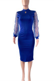 Синие модные повседневные однотонные выдолбленные лоскутные платья с длинным рукавом и бисером