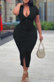 Schwarzes, sexy, einfarbiges Patchwork-Umlegekragen-Kleid in Übergröße