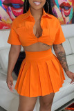 オレンジファッションカジュアルソリッドフォールドターンダウンカラー半袖ツーピース