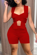 Red Sexy Solid Hollowed Out Patchwork Asymmetrical Sleeveless Two Pieces