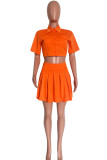 オレンジファッションカジュアルソリッドフォールドターンダウンカラー半袖ツーピース