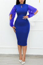 Blue Fashion Casual Solid Hollowed Out Patchwork Beading Half A Turtleneck Long Sleeve Dresses
