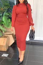 Red Fashion Casual Solid Split Joint O Neck Long Sleeve Dresses