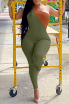 Grönt sexigt lapptäcke urholkat skinny jumpsuits med en axel