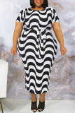 Black And White Fashion Casual Print With Belt O Neck Short Sleeve Dress Plus Size Dresses