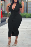Schwarzes, sexy, einfarbiges Patchwork-Umlegekragen-Kleid in Übergröße