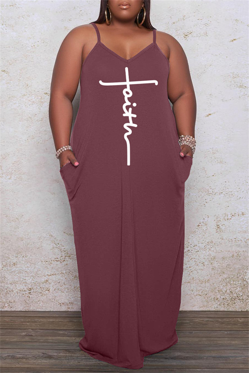 

Brown Sexy Casual Print Basic Spaghetti Strap Long Dress Plus Size Dresses