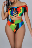 Multicolor Fashion Sexy Print Bandage Backless Swimwears (mit Polsterungen)