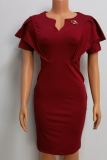 Red Fashion Solid Flounce V Neck Pencil Skirt Dresses