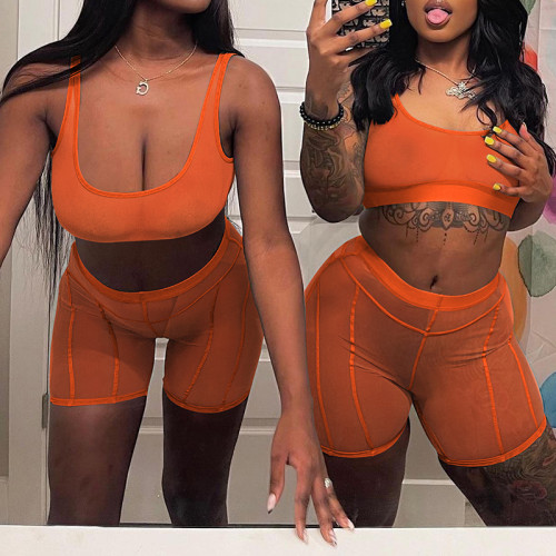 Due pezzi senza maniche con scollo a U trasparente sexy alla moda arancione