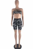 Black Fashion Sexy Letter Print Hollowed Out Backless Strapless Sleeveless Two Pieces