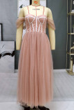 Apricot Sexy Elegant Solid Patchwork Strapless Evening Dress Dresses