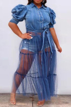 Blauwe mode casual effen bandage patchwork gesp O-hals rechte grote maten jurken