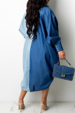 Blauwe mode casual patchwork basic turndown kraag jurken met lange mouwen