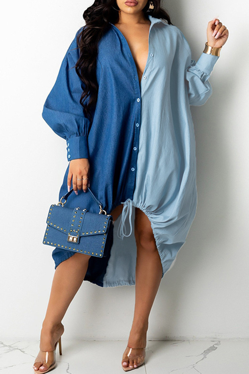 

Deep Blue Fashion Casual Patchwork Basic Turndown Collar Long Sleeve Dresses