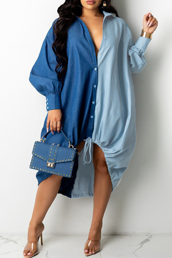 Diepblauwe mode casual patchwork basic turndown kraag jurken met lange mouwen