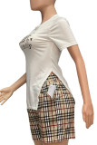 Khaki Casual Print Patchwork Slit O Neck Short Sleeve Two Pieces