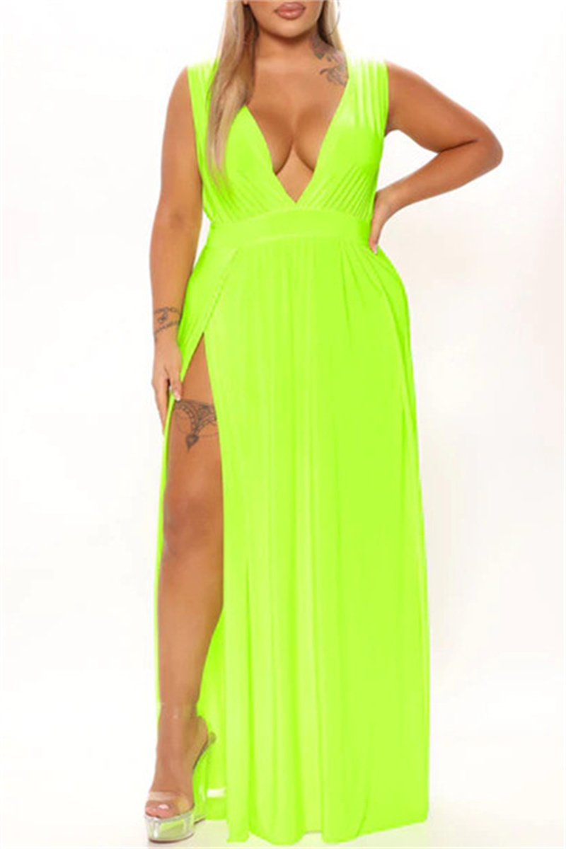 

Fluorescent Green Fashion Sexy Plus Size Solid Split Joint Slit V Neck Long Dress