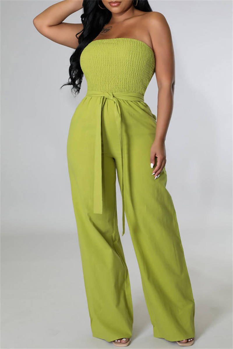 

Green Fashion Casual Solid Backless Strapless Regular Jumpsuits