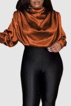Tops de cuello alto con pliegues de patchwork sólido elegante casual naranja negro