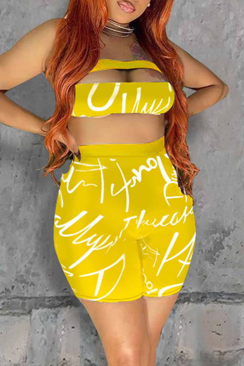 

Yellow Fashion Sexy Letter Print Hollowed Out Backless Strapless Sleeveless Two Pieces